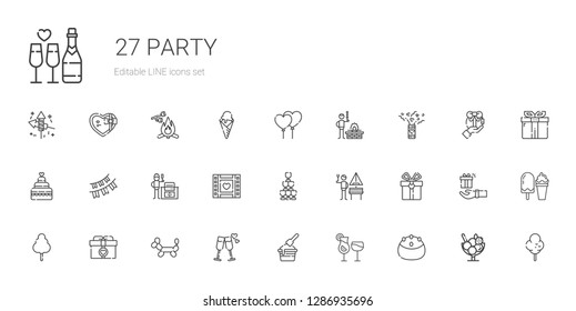 party icons set. Collection of party with cake, cocktails, ice cream, cheers, balloon modelling, gift, cotton candy, german, champagne, wedding video. Editable and scalable party icons.
