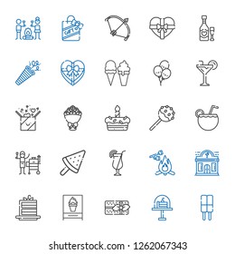 party icons set. Collection of party with ice cream, cake, gifts, cake slice, night club, marshmallow, cocktail, grill, cake pop, bouquet, gift. Editable and scalable party icons.