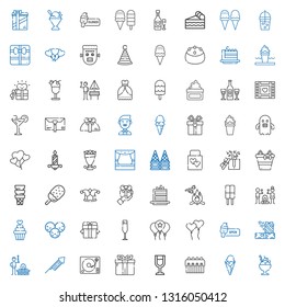 party icons set. Collection of party with ice cream, cake, wine glass, gift, turntable, fireworks, bbq, gifts, ballons, balloon, champagne glass. Editable and scalable party icons.