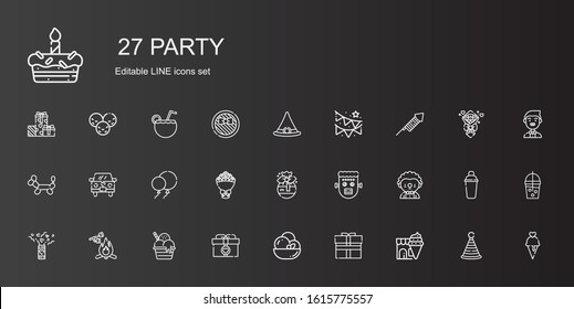 Party Icons Set. Collection Of Party With Ice Cream, Gift, Marshmallow, Confetti, Clown, Frankenstein, Bouquet, Balloons, Wedding Car, Balloon Modelling. Editable And Scalable Party Icons.