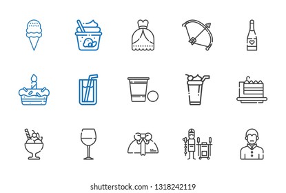 party icons set. Collection of party with vampire, tandoor, gift, wine glass, ice cream, cake slice, beer pong, soda, cake, champagne, bow. Editable and scalable party icons.