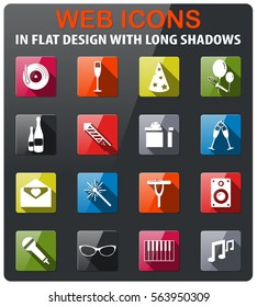 party icons set in flat design with long shadow