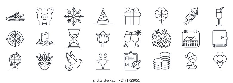 Party icons set, Included icons as Baby New, Calendar, Balloons, Confetti and more symbols collection, logo isolated vector illustration