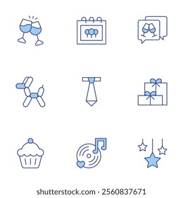 Party icons set. Line Duotone style, editable stroke. cupcake, tie, balloon dog, cheers, music, party, present, stars.