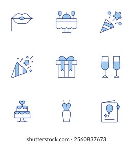 Party icons set. Line Duotone style, editable stroke. confetti, birthday card, champagne, wedding dinner, dress, gift, lips, wedding cake.