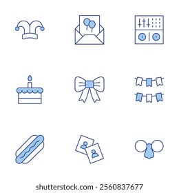 Party icons set. Line Duotone style, editable stroke. cake, clown hat, dj, garland, glasses, hot dog, online, photos, ribbon.