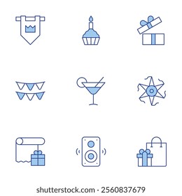 Party icons set. Line Duotone style, editable stroke. birthday, cocktail, garland, kingdom, open box, pinata, shopping bag, music box, gift wrap.