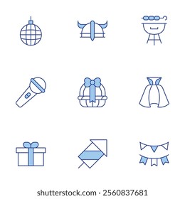 Party icons set. Line Duotone style, editable stroke. bbq grill, bunting, cloak, microphone, disco ball, fireworks, gift basket, gift, helmet.