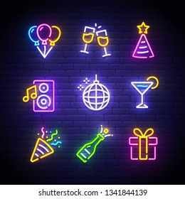 Party Icons Set. Party Neon Sign. Bright Signboard, Light Banner. Neon Isolated Icon, Emblem. Balloon, Champagne, Hat, Speaker, Disco Ball, Cocktail, Flapper, Gift