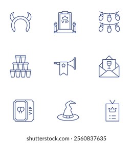 Party icons set. Thin Line style, editable stroke. cups, devil, invitation, lights, loyalty, ticket, trumpet, vip, witch hat.