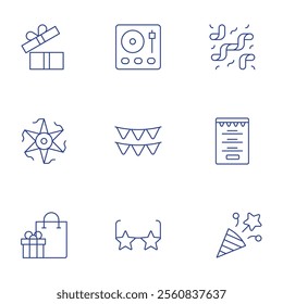 Party icons set. Thin Line style, editable stroke. confetti, dj, garland, glasses, menu, open box, pinata, shopping bag.