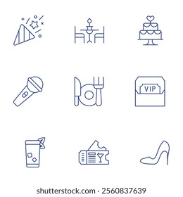 Party icons set. Thin Line style, editable stroke. confetti, cuba libre, cutlery, dinner, microphone, ticket, vip, wedding cake, women shoes.