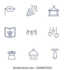 Party icons set. Thin Line style, editable stroke. confetti, cupcake, decoration, invitation, lights, lips, magic hat, tent, tie.