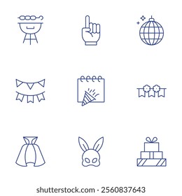 Party icons set. Thin Line style, editable stroke. bbq grill, bunting, cloak, disco ball, garland, gifts, number one, party, rabbit mask.