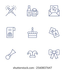 Party icons set. Thin Line style, editable stroke. beer, cake, clown hat, fireworks, gift box, horn, online, photos, ribbon.