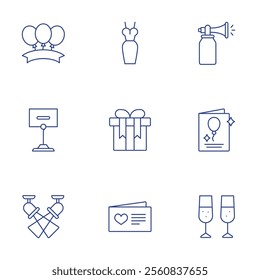 Party icons set. Thin Line style, editable stroke. air horn, birthday card, champagne, dress, gift, greeting card, party, place card, spotlight.