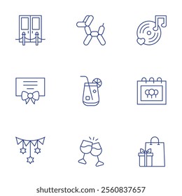 Party icons set. Thin Line style, editable stroke. balloon dog, blue lagoon, cheers, entrance, gift, hanukkah, music, party, presents.