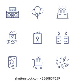 Party icons set. Thin Line style, editable stroke. air balloons, birthday cake, birthday card, candles, cart, confetti, dj, gift, greeting card.