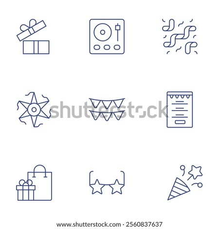 Party icons set. Thin Line style, editable stroke. confetti, dj, garland, glasses, menu, open box, pinata, shopping bag.