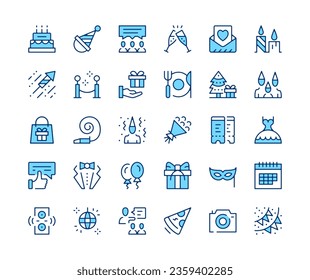 Party icons set. Vector line icons. Blue color outline stroke symbols. Modern concepts