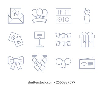 Party icons. Thin Line style, editable stroke. dj, dress, garland, gift, glasses, greeting card, online, party, photos, place card, ribbon, spotlight.