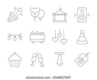 Party icons. Thin Line style, editable stroke. balloon, buffet, cheers, confetti, cupcake, decoration, lights, music box, party hat, price tag, tent, tie.