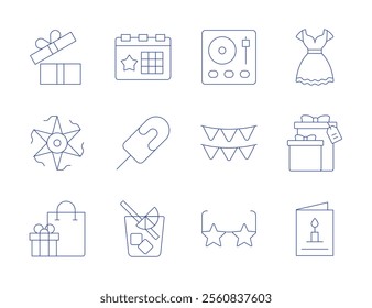 Party icons. Thin Line style, editable stroke. dj, dress, garland, gift, glasses, greeting card, open box, party, pinata, popsicle, shopping bag, spritz.