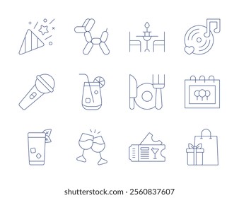 Party icons. Thin Line style, editable stroke. balloon dog, blue lagoon, cheers, confetti, cuba libre, cutlery, dinner, microphone, music, party, presents, ticket.