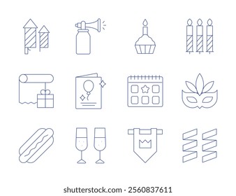 Party icons. Thin Line style, editable stroke. air horn, birthday, birthday card, calendar, champagne, fireworks, gift wrap, hot dog, kingdom.