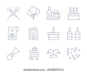 Party icons. Thin Line style, editable stroke. air balloons, beer, birthday cake, birthday card, cake, candles, cart, clown hat, confetti, fireworks, gift box, horn.