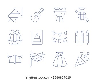 Party icons. Thin Line style, editable stroke. acoustic guitar, bbq grill, birthday and party, birthday card, bunting, candles, fireworks, gift basket.