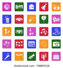 Party Icons. White Flat Design In Square. Vector Illustration. 