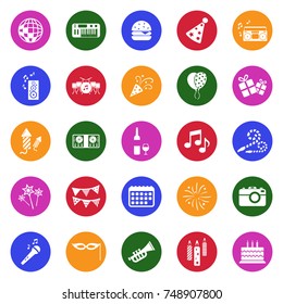 Party Icons. White Flat Design In Circle. Vector Illustration. 