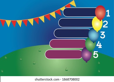 Party infographic blank background with balloons, party banners, hill, and numbers 