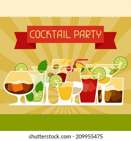 Party invitation with alcohol drinks and cocktails.