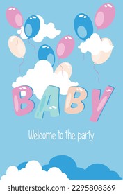 Party invitation baby shower, blue sky in the clouds many colorful balloons.