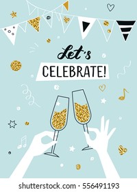 Party invitation background raised hands holding champagne glasses, vector illustration