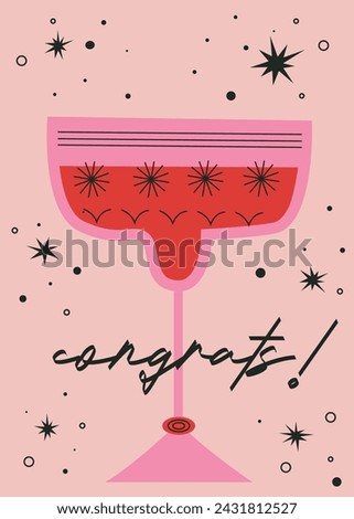 Party invitation background with red glass. Holiday greeting card with Congrats lettering. Celebration concept on pink background with black stars and drops. Vector illustration.