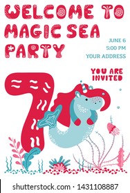 Party invitation birthday card with a mermaid unicornl. Welcome to magic sea party seven years. Hand drawn graphic for typography card, leaflet, page, banner, nursery. Scandinavian style Blue, pink 