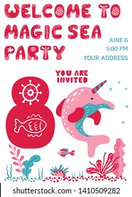 Party invitation birthday card with a narwhal. Welcome to magic sea party eight years. Hand drawn graphic for typography card, leaflet, page, banner, nursery. Scandinavian style Blue, pink and red. Ve