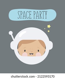 Party Invitation with Boy Cosmonaut in cartoon style. Vector illustration. For card, posters, banners, children books, printing on the pack, printing on clothes, fabric. Space theme.