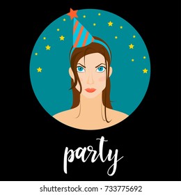 Party invitation card background. Handwritten party quote and cartoon girl for design card, invitation, poster, t shirt, album, workshop advertising, bag print etc. 