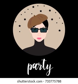 Party invitation card background. Handwritten party quote and cartoon girl for design card, invitation, poster, t shirt, album, workshop advertising, bag print etc. 