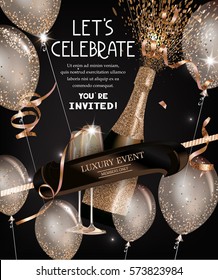 Party invitation card with bottle of champagne, glasses, air balloons. Vector illustration