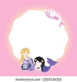 Party invitation card with cute little mermaid and marine life cartoon
