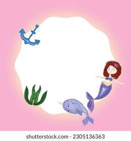 Party invitation card with cute little mermaid and marine life cartoon