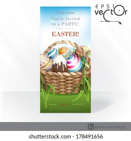 Party Invitation Card Design, Template. Easter Background With A Basket Full Easter Eggs. Vector Illustration. Eps 10.
