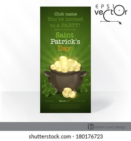 Party Invitation Card Design, Template. St. Patrick's Day. Pot Of Gold. Vector Illustration. Eps 10.