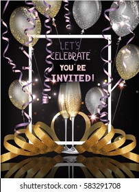 party invitation card with glasses of champagne, serpentine and air balloons. Vector illustration