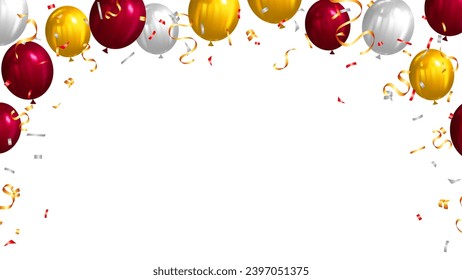 Party invitation card with gold confetti and red, silver, golden balloon realistic desing. winter